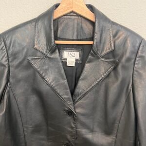 Vintage VS2 Women Black Leather Blazer Jacket Size L Button Front Pockets